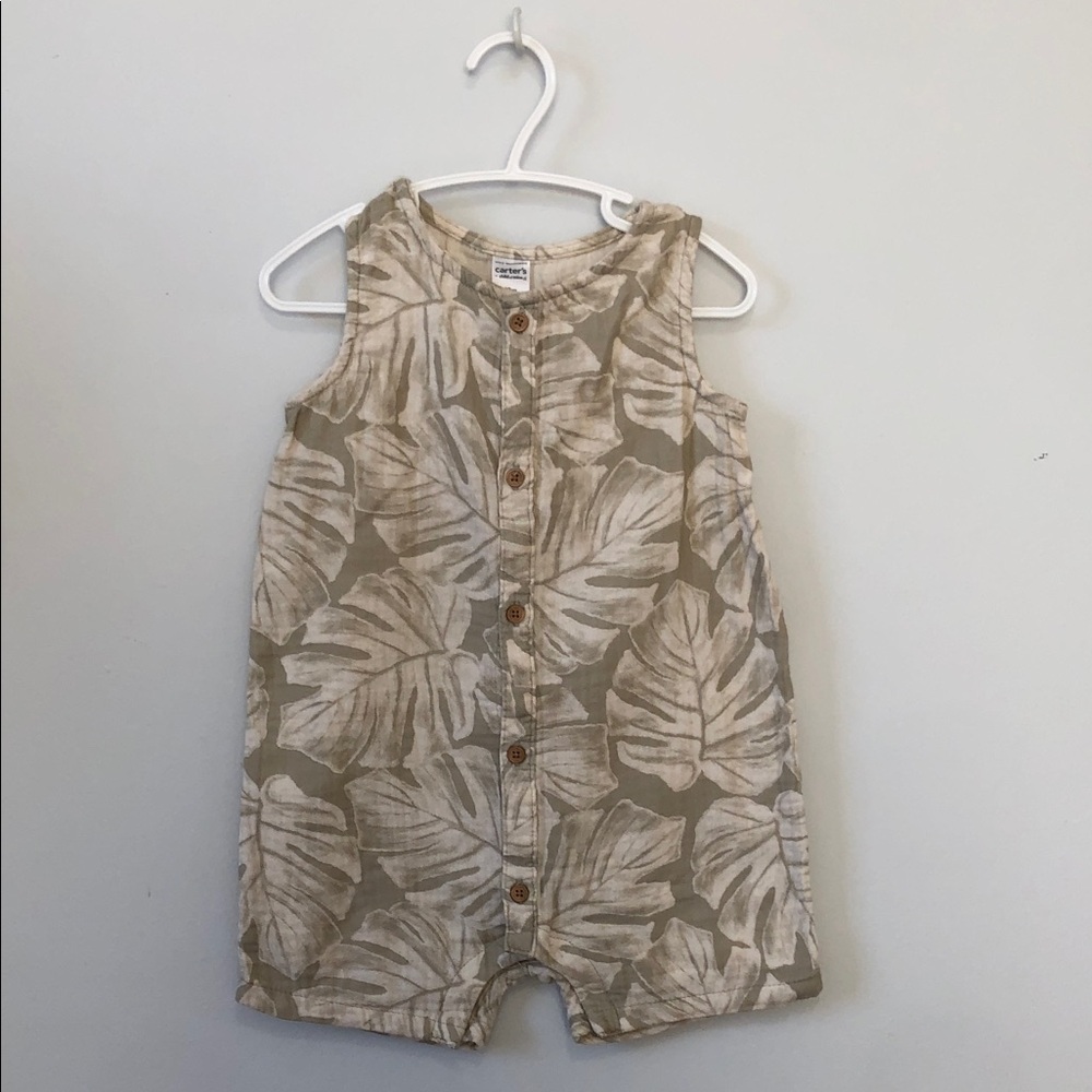 Carter's Neutral Leaf-Print Sleeveless Romper in Beige and Cream